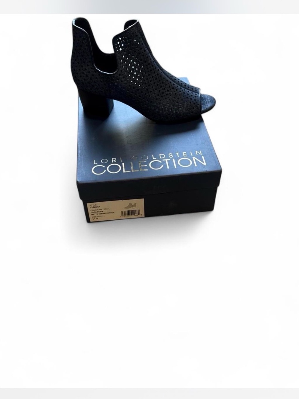 Denim Perforated Peep-Toe Block Heel Booties